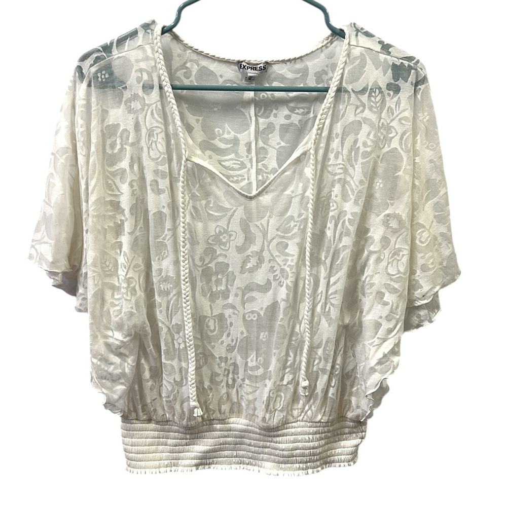 Express Semi Sheer Short Flutter Sleeve Elastic Waist Lightweight Top Womens XS - Picture 7 of 10